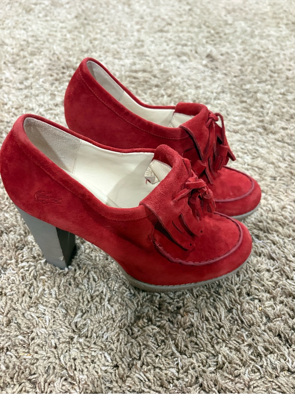 LACOSTE Lahila Leather Court Shoes High Heel Red Suede Size 8 Fringe Tassel